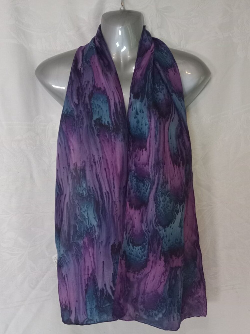 Dina Kohn Handpainted Silk Scarf Abstract Blue Purple Tie-Dye Rectangle
